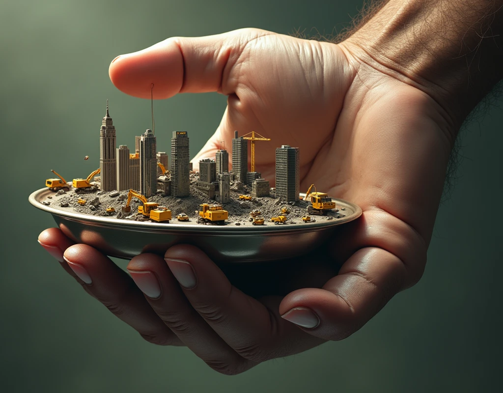 a gigantic hand holding a teetering bar tray , the bar tray is about to fall,  miniature skyscrapers, excavators and cranes on the tray, surreal, comical, hyperrealistic, cinematic lighting, highly detailed, photorealistic, 8k, award winning digital art