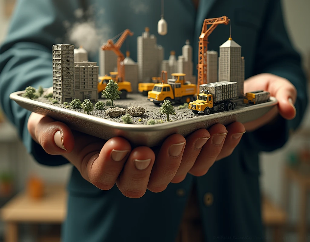 a gigantic hand holding a teetering bar tray , the bar tray is about to fall,  miniature skyscrapers, excavators and cranes on the tray, surreal, comical, hyperrealistic, cinematic lighting, highly detailed, photorealistic, 8k, award winning digital art