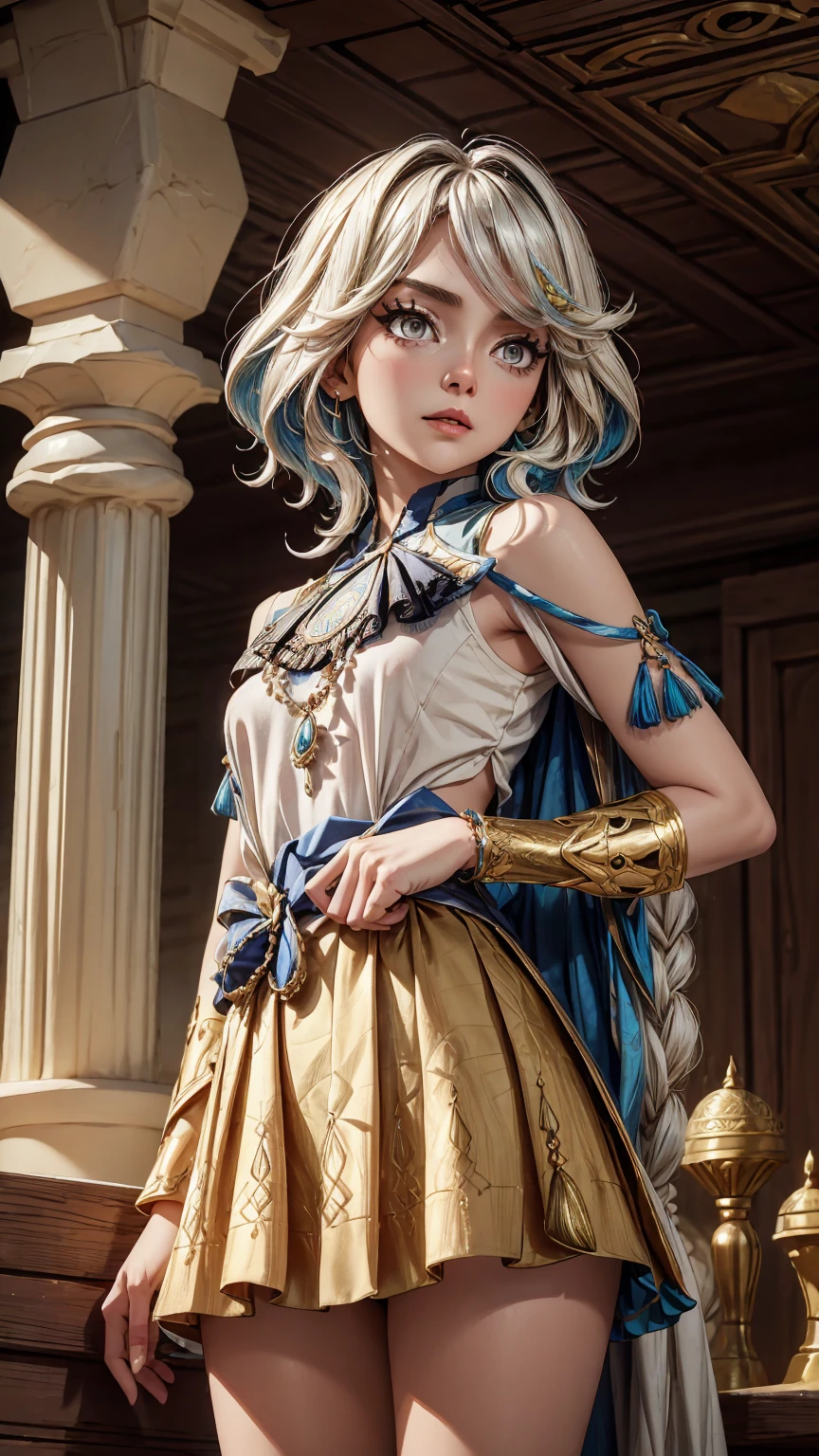 "Generate an image of Deepika Padukon in a tiny outfit inspired by traditional attire of an Arab tribe. The outfit is richly decorated with intricate patterns and embroidery, featuring a fitted top and a short skirt adorned with beads and tassels. Her hair is styled in a traditional manner, incorporating small braids or embellishments that reflect cultural heritage. Lucy strikes a confident and elegant pose, highlighting the blend of traditional Arab tribal fashion with modern style elements."