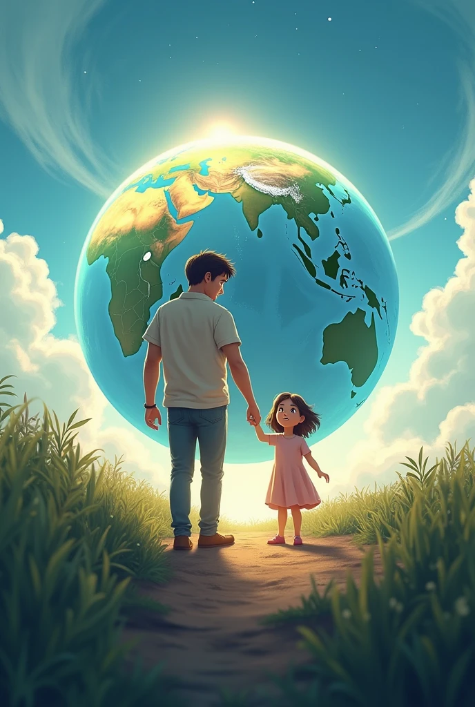 My name is Gabriel, I am 2, I am going to be a father. I want an image of the planet Earth in which I and my daughter are happy, holding hands. 