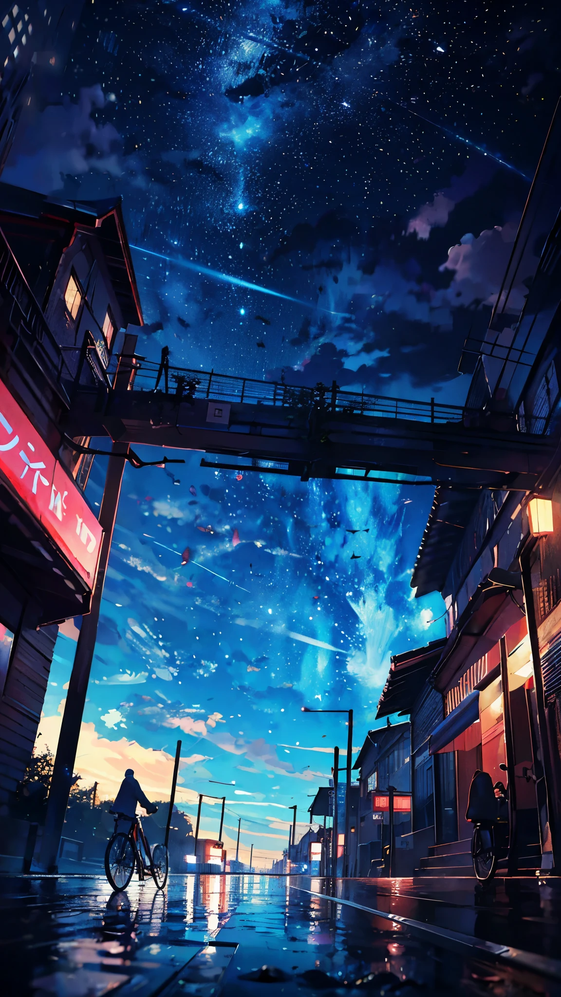 station、home、There is a bicycle parking lot with many bicycles parked.、appear、train、Urban townscape、anime, プラットhome, the stars, , the milky, the stars, the, cosmic skies. by makoto shinkai, anime sky, anime art wallpaper 4 k, anime art wallpaper 4k, anime art wallpaper 8 k, amazing wallpaper, Panorama、Ultra Wide Angle、Ultra-wide range、