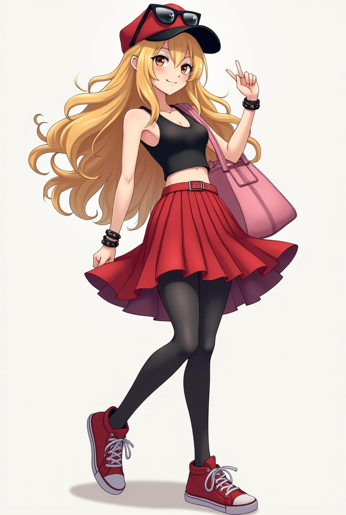 realistic image of a stylish female character in a dynamic pose. She is wearing a black sleeveless top, which are shortened to expose her midriff. Her outfit includes a high-waisted, pleated red skirt that reaches just above mid-thigh, paired with dark gray thigh-high stockings. She has black sneakers with red accents. Accessories include a black bracelet on her right wrist, and a large pink handbag slung over her left shoulder. Her long, wavy blonde hair falls over her shoulders, and she is wearing a red hat with black and white detailing, including a pair of round sunglasses perched on top. The overall look is trendy and energetic.