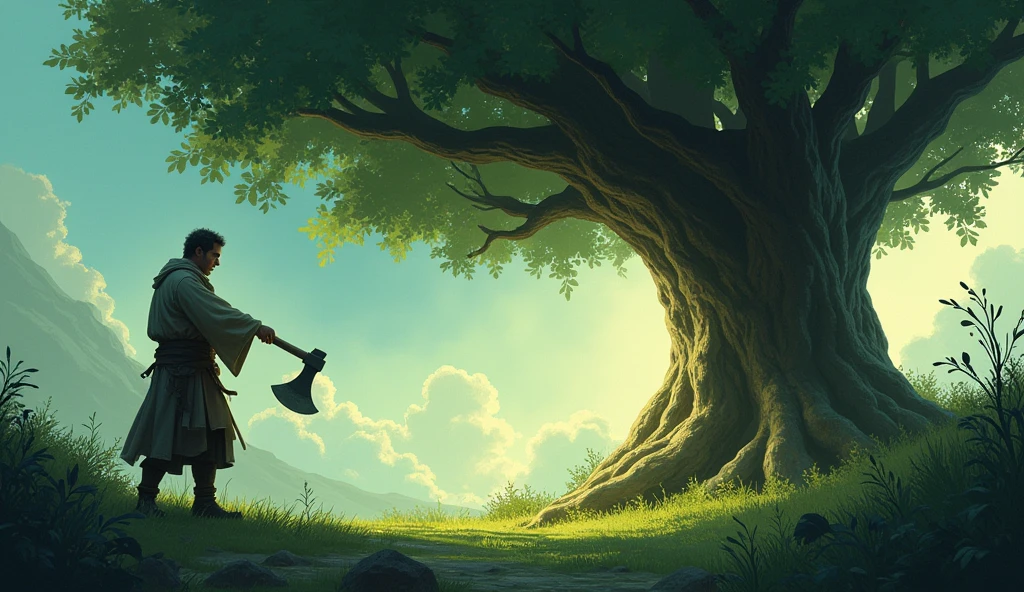 greedy man named Somesh, wearing plain clothes swings his axe at the tree, and as soon as the blade hits, the magical tree begins to shrink and fade.