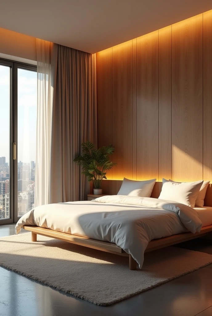 There is a bed with a wooden headboard ,Room, wide perspective , TV in front of the bed , serene and peaceful style, interior do Room, luxurious environment, realistic physics rendering, naturallight , modern and minimalist, warm ambient light, Soft lighting color scheme, warm interiors, warm interior, Interior design, Gray floor ,