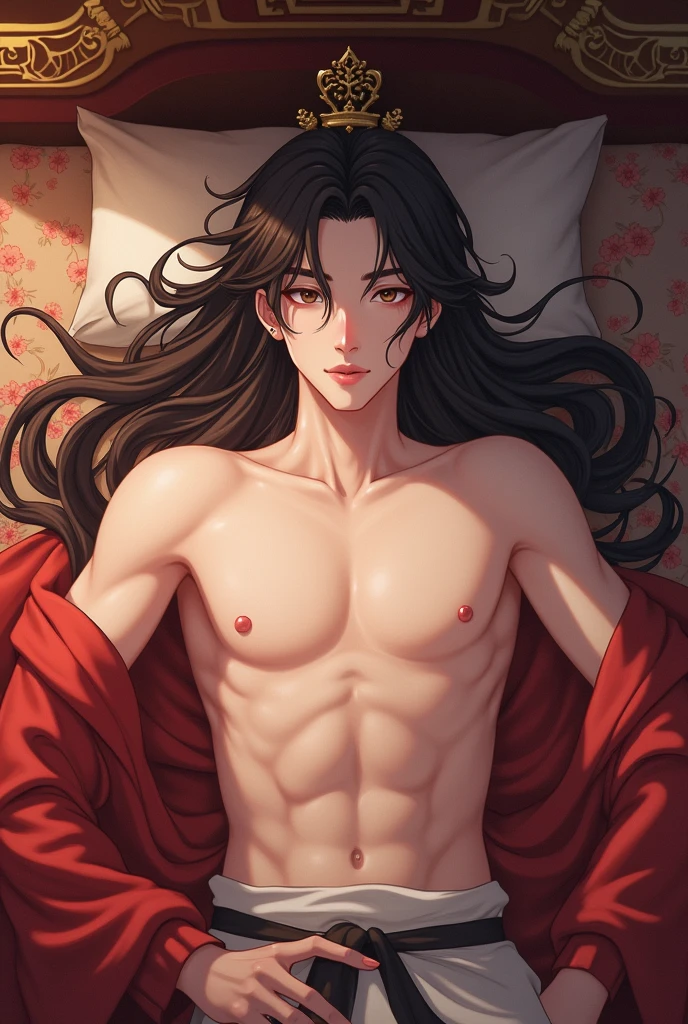 korean  anime boy, , with super long silky hair, cute, beautiful, toned body, nice abs, slender, shirtless, eastern medieval era, young imperial prince, laying on bed.