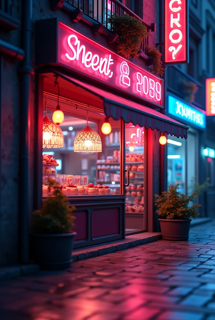 Street shop neon lights close-up animation style