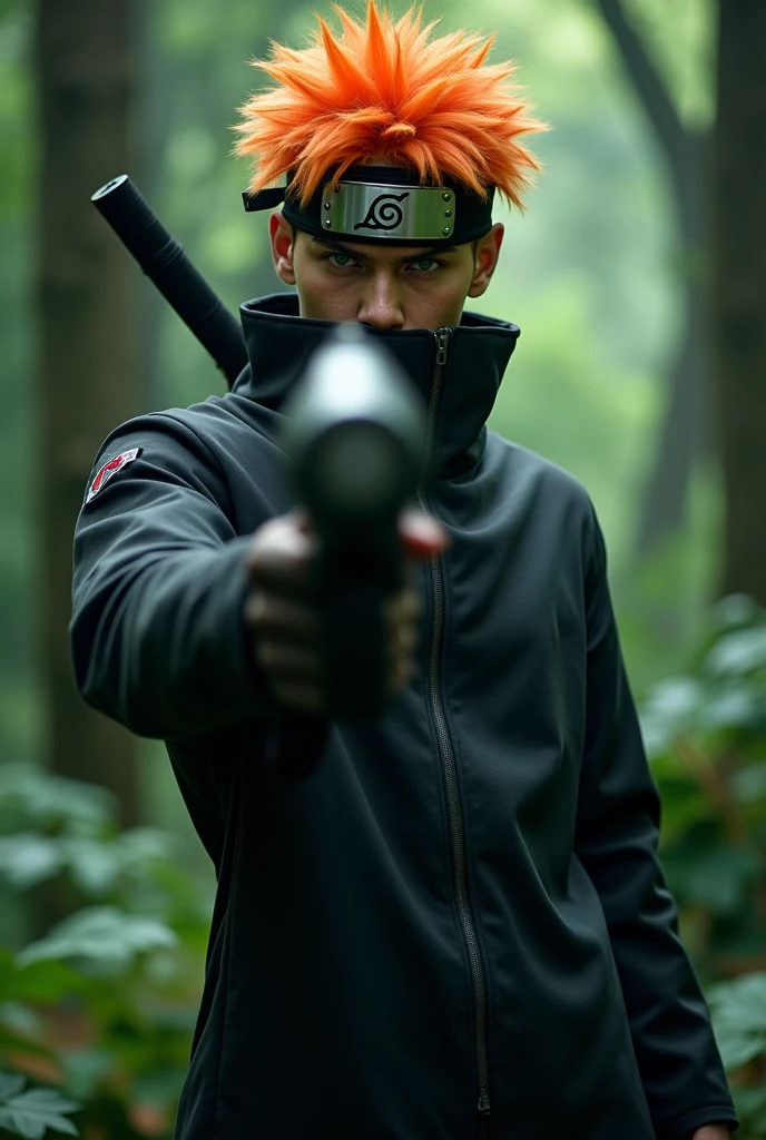Naruto uzumaki in black suit 
And handling powerfull gun in the middle of the forest 