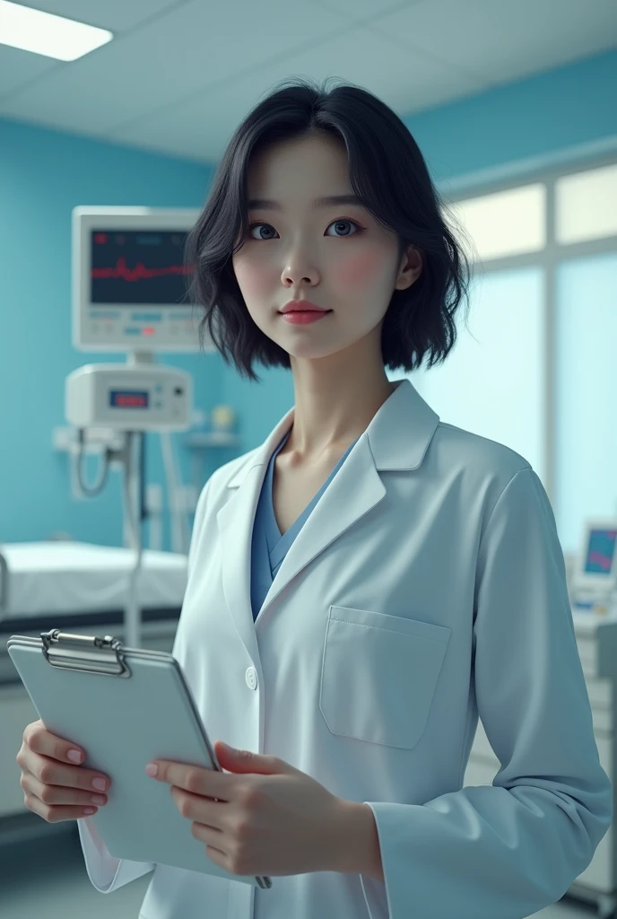 (best quality, photorealistic, ultra detailed) A american girl in a hospital room with a clipboard in her hand, she has short black hair, blue eyes, she is wearing a white coat, the room has a stretcher and a heartbeat machine and some drawers, closeup portrait, realistic 