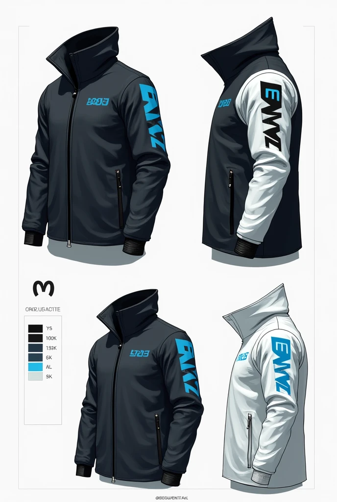 Create a technical drawing of a modern, futuristic jacket, using a flat, design-oriented style. The jacket should be primarily black, with 10% blue highlights and 15% white elements. The right arm should be solid white with blue stripes and include a prominent 'M' on the shoulder. Display the jacket from multiple perspectives, focusing on straight lines, geometric shapes, and a high collar. The illustration should have the appearance of a product design schematic, emphasizing precision, detail, and an organized layout