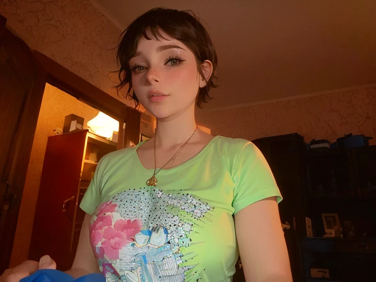 The woman has a blue object in her hand., photo of a girl, in a T-shirt, approx. 1 , with short hair, woman 30 years old, 30 year old woman, Russian girlfriend, about 20 years, Sofia Emelenko, around 3 , women 40 years old, anastasia ovchinnikova