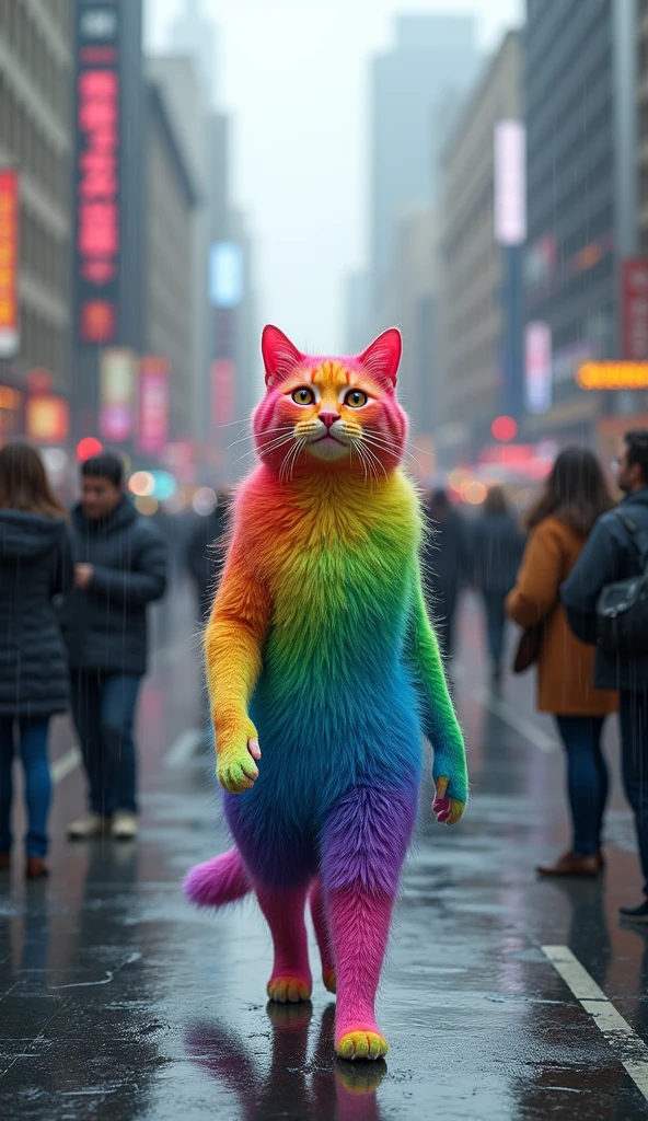 A rainbow cat is walking in the street happily and people are standing all around her admiring her colour  and then rain started and the colour on his body flow away in the water and he turned out to be  Modern human attire 3d renderings 