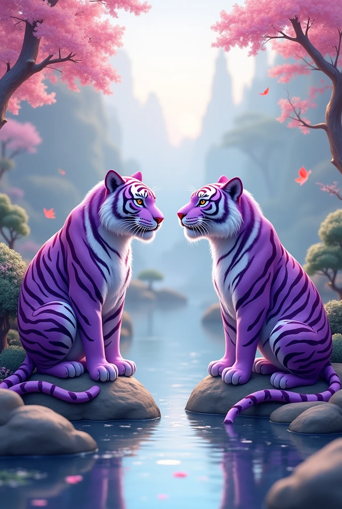 Two purple tigers sitting on either side of the river,Chinese style,cute style,Realistic and cute