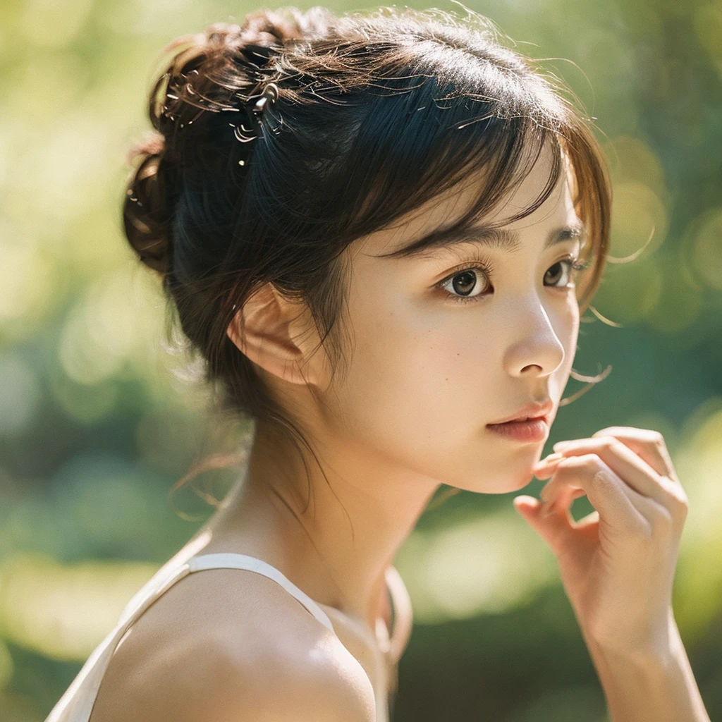 A hyper-realistic image of a single Japanese woman in her early 20s, captured with the nostalgic warmth and subtle graininess of a film camera, focusing on her upper body from the shoulders up. Her skin has a warm beige tone with a natural, slightly rough texture that includes visible pores, fine lines, and subtle imperfections such as small blemishes, adding to the authenticity of her appearance. The soft, diffused natural light enhances the film-like quality, casting gentle shadows across her face and shoulders to create a timeless, organic feel. Her straight, glossy black hair frames her face in a natural, slightly tousled manner, and her deep brown eyes reflect the ambient light, adding depth and emotion. The film camera effect introduces a slight grain and a softer focus, giving the image a warm, nostalgic atmosphere while maintaining the realistic texture of her skin. She is dressed in a simple, elegant top that complements her natural beauty, with the overall composition designed to evoke a sense of genuine, understated elegance. The use of natural light, combined with the deliberately rougher texture of her skin and the film-like qualities, ensures that this image captures the imperfections that make her beauty truly lifelike, focusing solely on this one individual from the shoulders up.