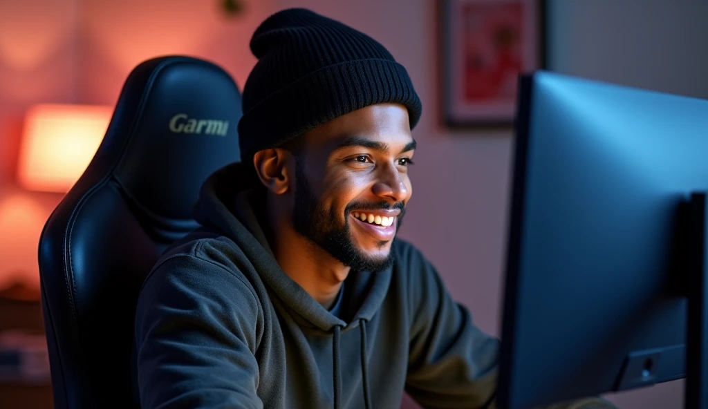 The young black man alone in the gamer room, with a short beard and a black wool cap on his head. He has light brown eyes that shine when he is excited playing with his friends on the computer and PlayStation 5.. The skin on your face is smooth. He is sitting in a gaming chair in front of a gaming computer., his focused expression as he plays and talks. He looks relaxed and happy as he shares interesting and funny stories with his friends online.. He is wearing a casual and comfortable shirt, and is sitting in a modern, minimalist gamer environment, with a decor that reflects your personality.