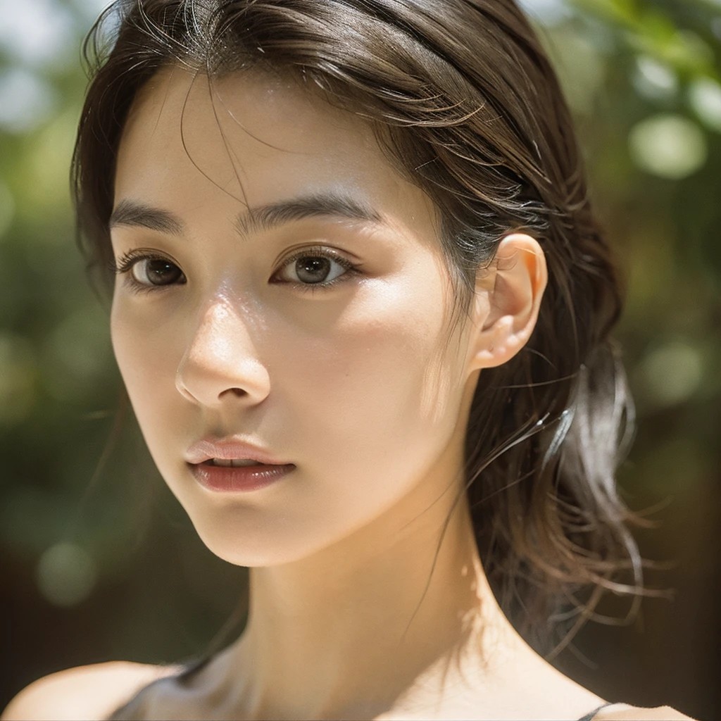 A hyper-realistic image of a single Japanese woman in her early 20s, captured with the nostalgic warmth and subtle graininess of a film camera, focusing on her upper body from the shoulders up. Her skin has a warm beige tone with a natural, slightly rough texture that includes visible pores, fine lines, and subtle imperfections such as small blemishes, adding to the authenticity of her appearance. The soft, diffused natural light enhances the film-like quality, casting gentle shadows across her face and shoulders to create a timeless, organic feel. Her straight, glossy black hair frames her face in a natural, slightly tousled manner, and her deep brown eyes reflect the ambient light, adding depth and emotion. The film camera effect introduces a slight grain and a softer focus, giving the image a warm, nostalgic atmosphere while maintaining the realistic texture of her skin. She is dressed in a simple, elegant top that complements her natural beauty, with the overall composition designed to evoke a sense of genuine, understated elegance. The use of natural light, combined with the deliberately rougher texture of her skin and the film-like qualities, ensures that this image captures the imperfections that make her beauty truly lifelike, focusing solely on this one individual from the shoulders up.