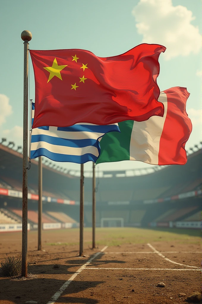 Makes flags waving, england, china , Greece and Italy , with an old football landscape behind