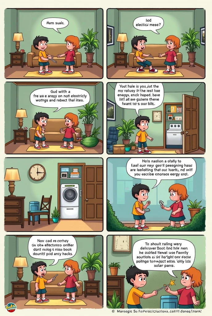 Title: "Max and Lisa's Adventure: Energy Saving and Electrical Safety"
________________________________________
Page 1: The Problem Table 1:
Max and Lisa are in the living room. Max holds an electric bill with a worried expression.
Max: "Look at this, Lisa! The electricity bill has gone up a lot this month!"
Table 2:
Lisa looks around the room with several lights on and a television on standby..
Lisa: "I think we can do something to reduce it.. Let's investigate how to save energy and use electricity safely!"
Table 3:
Max and Lisa start making a list in a notebook. On the list, “Turn off lights when not in use” and “Unplug electronic devices” stand out..
Lisa: "First, Let's make sure to turn off all the lights when we don't need them.."
Table 4:
Lisa turns off a light in the kitchen that had been left on.. Max unplugs a phone charger from a power outlet.
Max: "That's better! We should also disconnect the chargers when we are not using them.."
________________________________________
Page 2: Energy Saving Tips Table 1:
In the laundry room, Max is putting clothes in the washing machine while Lisa checks the dryer..
Lisa: "Remember that using the washer and dryer with full loads saves a lot of energy.."
Table 2:
Lisa is replacing an incandescent light bulb with an energy-efficient LED bulb in a lamp.
Max: "And switching to LED bulbs can reduce our energy consumption greatly.."
Table 3:
Max and Lisa are in the garden, looking at a small solar panel they are considering installing.
Lisa: "We could even think of renewable energy sources such as solar panels.. Although they are an investment, In the long run they can reduce our bills."
Table 4:
Both friends are happy with the changes they are making., with a hint of satisfaction on their faces.
Max: "We are making great strides in saving energy!"
___________