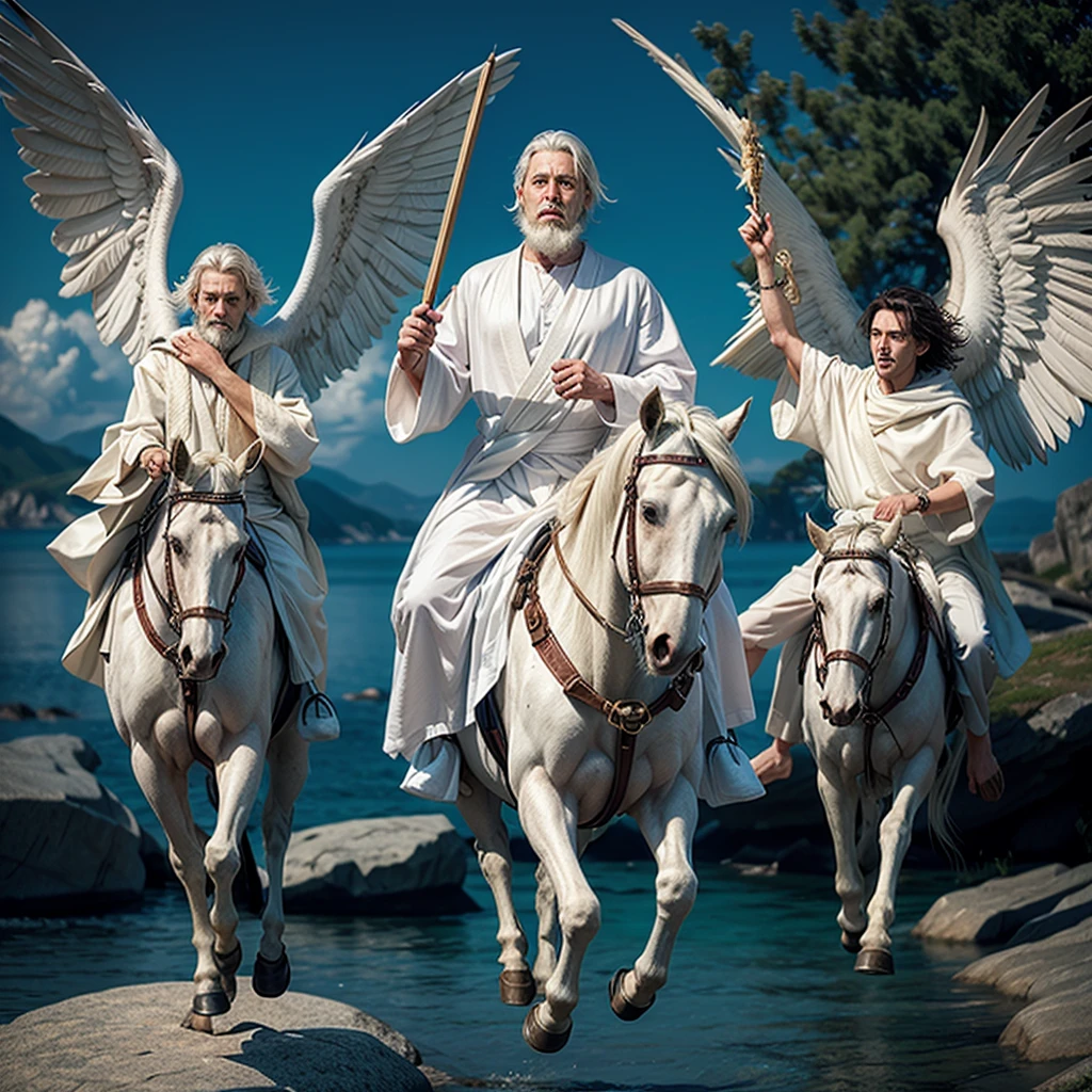 Man in white robes with short white hair and white beard standing on a rock looking forward