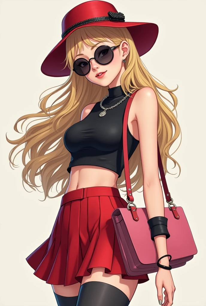 realistic image of a stylish female in a dynamic pose. She is wearing a black sleeveless top, which are shortened to expose her midriff. Her outfit includes a high-waisted, pleated red skirt that reaches just above mid-thigh, paired with dark gray thigh-high stockings. She has black sneakers with red accents. Accessories include a black bracelet on her right wrist, and a large pink handbag slung over her left shoulder. Her long, wavy blonde hair falls over her shoulders, and she is wearing a red hat with black and white detailing, including a pair of round sunglasses perched on top. The overall look is trendy and energetic.