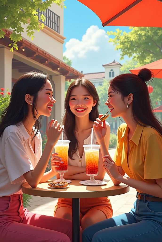 Create an image of girls gossiping in a cute open cafe and having boba tea