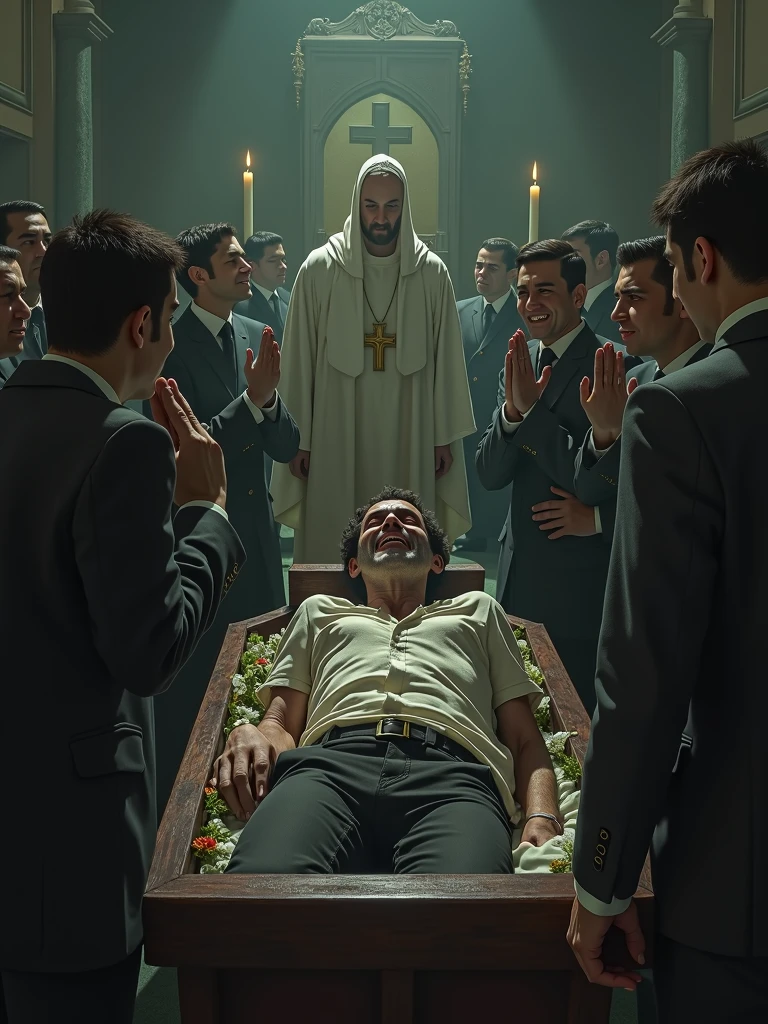 Para criar uma imagem realista de uma pessoa com depressão se levantando de seu caixão durante um velório, com as pessoas ao redor reagindo assustadas e chorando, use o seguinte prompt:
```json
{
"prompt": "A realistic image of a funeral scene. A person, who appears pale and gaunt, with dark circles under their eyes, is rising from their coffin in the middle of the funeral. The atmosphere is tense, with mourners around them, some crying in shock and fear, while others look terrified. The funeral setting is dimly lit, with flowers, candles, and a priest in the background. The overall mood is eerie and somber, capturing the unexpected and unsettling moment of someone coming back to life in the middle of their own funeral.",
"size": "1024x1024"
}
```