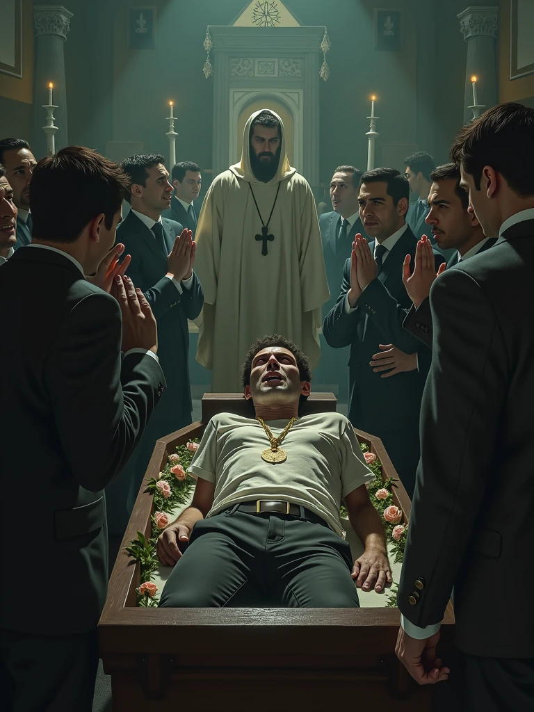 Para criar uma imagem realista de uma pessoa com depressão se levantando de seu caixão durante um velório, com as pessoas ao redor reagindo assustadas e chorando, use o seguinte prompt:
```json
{
"prompt": "A realistic image of a funeral scene. A person, who appears pale and gaunt, with dark circles under their eyes, is rising from their coffin in the middle of the funeral. The atmosphere is tense, with mourners around them, some crying in shock and fear, while others look terrified. The funeral setting is dimly lit, with flowers, candles, and a priest in the background. The overall mood is eerie and somber, capturing the unexpected and unsettling moment of someone coming back to life in the middle of their own funeral.",
"size": "1024x1024"
}
```