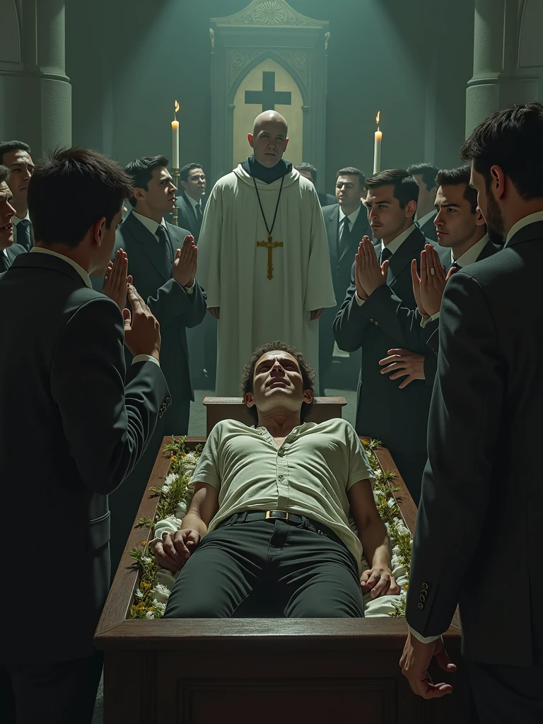 Para criar uma imagem realista de uma pessoa com depressão se levantando de seu caixão durante um velório, com as pessoas ao redor reagindo assustadas e chorando, use o seguinte prompt:
```json
{
"prompt": "A realistic image of a funeral scene. A person, who appears pale and gaunt, with dark circles under their eyes, is rising from their coffin in the middle of the funeral. The atmosphere is tense, with mourners around them, some crying in shock and fear, while others look terrified. The funeral setting is dimly lit, with flowers, candles, and a priest in the background. The overall mood is eerie and somber, capturing the unexpected and unsettling moment of someone coming back to life in the middle of their own funeral.",
"size": "1024x1024"
}
```