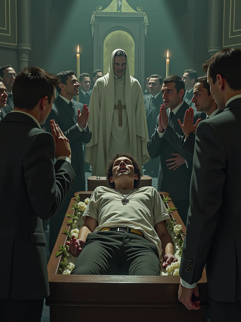 Para criar uma imagem realista de uma pessoa com depressão se levantando de seu caixão durante um velório, com as pessoas ao redor reagindo assustadas e chorando, use o seguinte prompt:
```json
{
"prompt": "A realistic image of a funeral scene. A person, who appears pale and gaunt, with dark circles under their eyes, is rising from their coffin in the middle of the funeral. The atmosphere is tense, with mourners around them, some crying in shock and fear, while others look terrified. The funeral setting is dimly lit, with flowers, candles, and a priest in the background. The overall mood is eerie and somber, capturing the unexpected and unsettling moment of someone coming back to life in the middle of their own funeral.",
"size": "1024x1024"
}
```