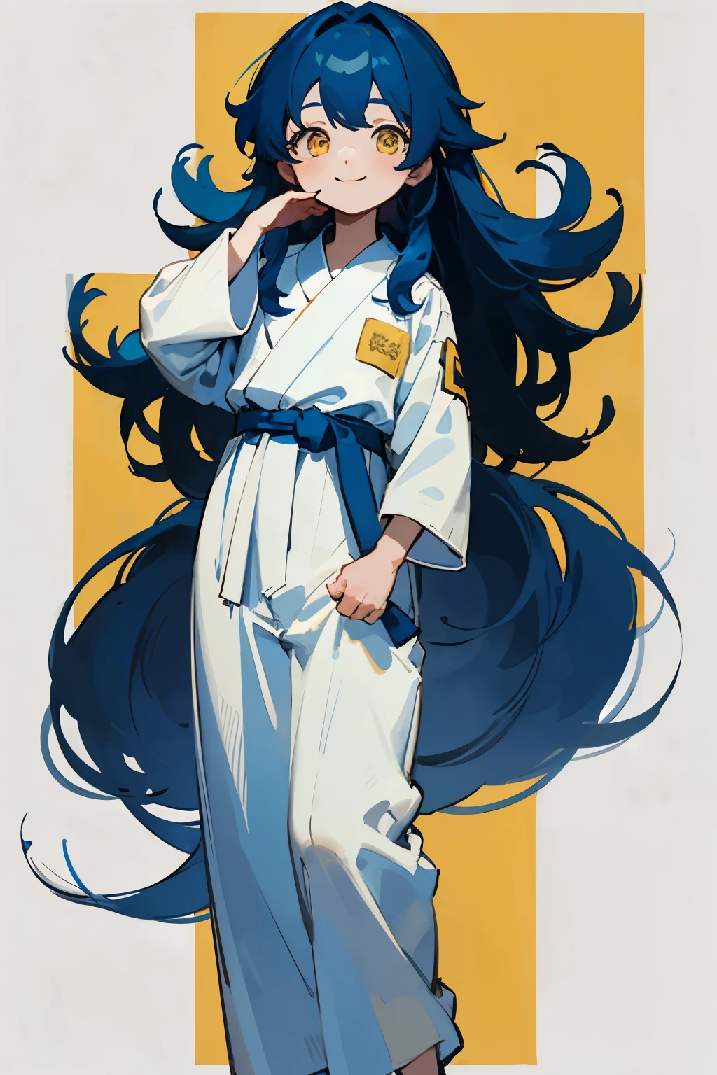 ((Highest quality)), ((masterpiece)), child、Young face、Young body、
White judo uniform、Gratitude、Smile, navy blue hair, long hair、Yellow Eyes 