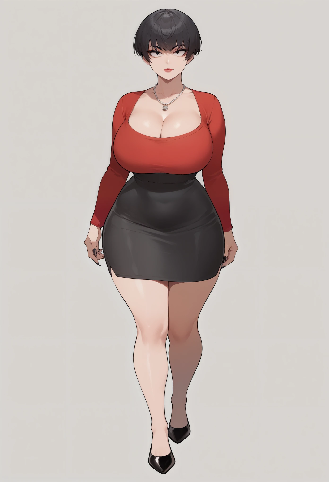 Score_9, score_8_up, score_7_up, score_6_up, source_anime, Nyantcha style, 1girl, solo, Short black hair, hair bangs, pale skin, bowl cut hairstyle, short hairstyle, tomboy hairstyle, adult woman, young woman,, detailed eyes, beautiful eyes, busty, huge breasts, wide hips, thick thighs, shapely legs, entire body showing, long fingernails, clear nail polish, standing, long sleeved red blouse, long sleeve, collarbone showing, necklace, long black pencil skirt, ballerina flats shoes, black footwear, flats shoes, standing, cleavage, side angle