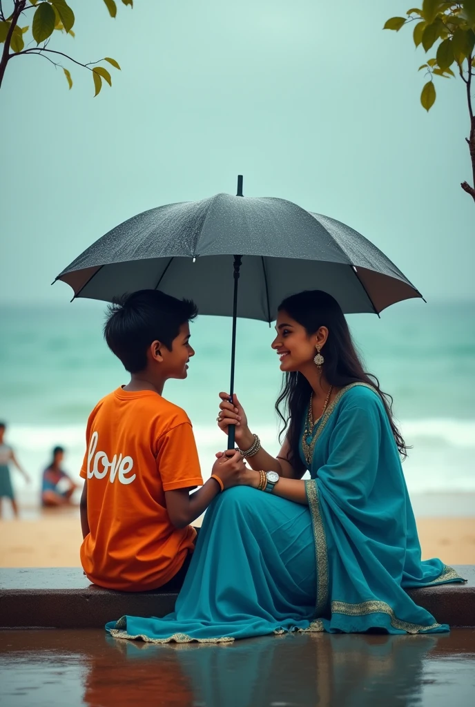 A real indian 1 cute boy, with 1 cute girl body happy sitting in aside of beach with eye to eye contact, holding black umbrella raining at beach, the boy is wearing Orange t shirt written bold name "LOVE" and girl wearing Blue saree, phone, girl looking at camera, watch, stylish hair, girl white shoes, background beautiful beach view and some people, raining, with small trees aside, 16K Ultra Quality Image