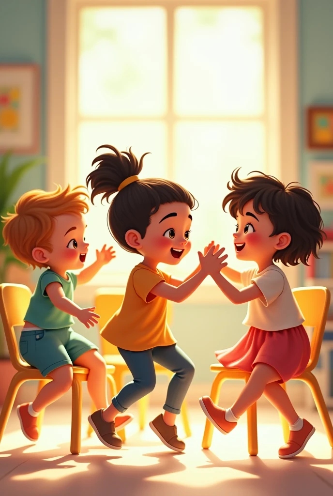 create an image of four children dancing around some chairs