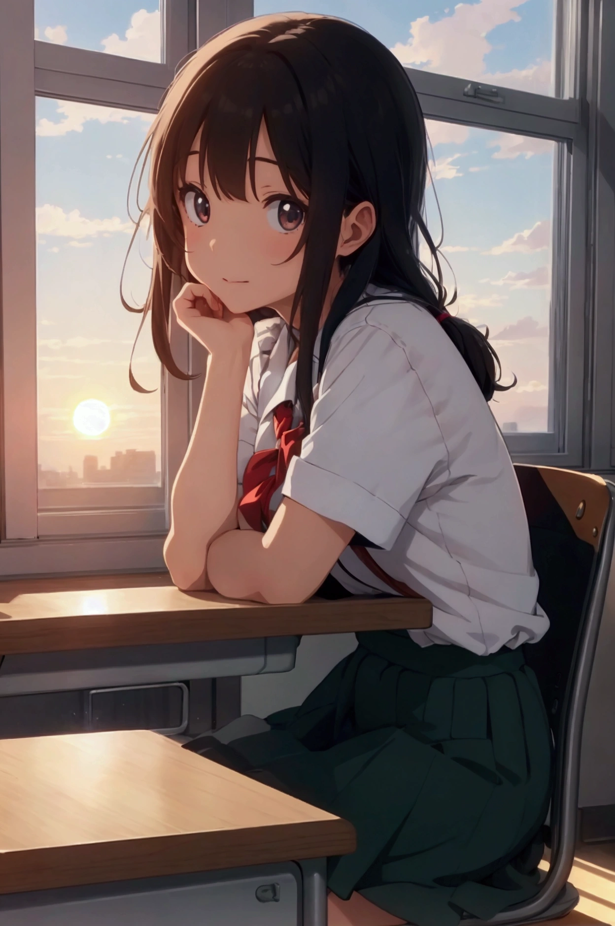 school, large Alan a girl at a desk, a girl sits at a desk and leans her head on the desk on the side of the window, she looks towards the window, it’s sunset outside, the sun’s rays fall into the classroom, anime style, ghibli. cjjnyjitybt cnjhjy 21:9