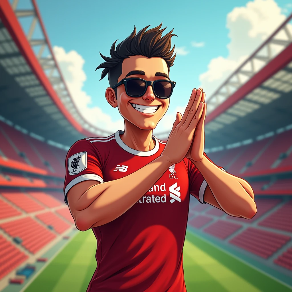 A man smiles in a manga style, bows in a Thai way and wears a Liverpool shirt, sunglasses, standing in a cartoon style. High-quality dynamic photo, detailed and colorful. Realistic and colorful poses, the background is Andfield Stadium.