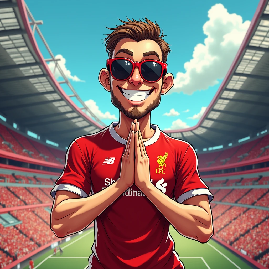 A man smiles in a manga style, bows in a Thai way and wears a Liverpool shirt, sunglasses, standing in a cartoon style. High-quality dynamic photo, detailed and colorful. Realistic and colorful poses, the background is Andfield Stadium.