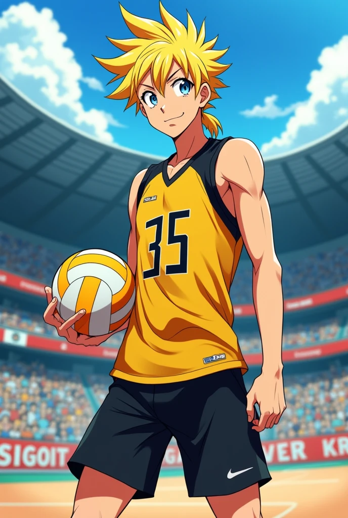 Show a picture of a young man with a yellow modern mullet haircut with a handsome face and wearing a volleyball jersey with the number 35 in yellow and black and black shorts and also black sports shoes holding a volleyball in a volleyball stadium in the form of Japanese animation