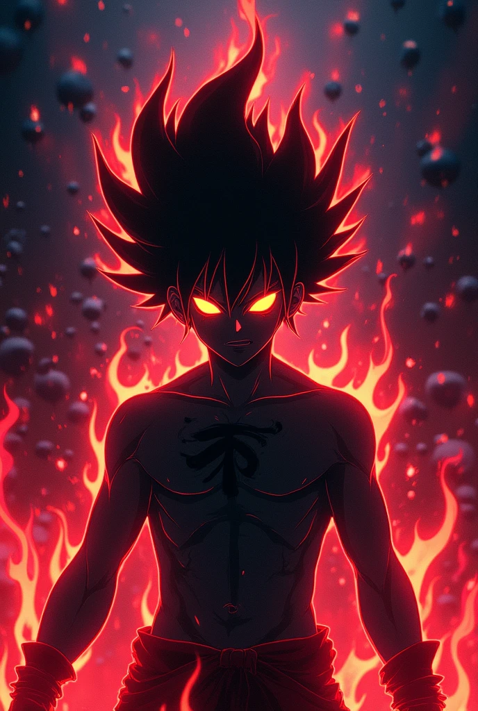 Anime girl.. An abstract, dark silhouette of a character with two bright, glowing eyes. The character is surrounded by intense, neon flames or energy that gives a sense of power and movement. The silhouette's hair is wild and spiky, as if made of fire. The background is filled with swirling, vibrant energy, creating a supernatural and otherworldly atmosphere. The overall look is mysterious, with a strong neon and black color contrast, emphasizing the glowing eyes and energy.