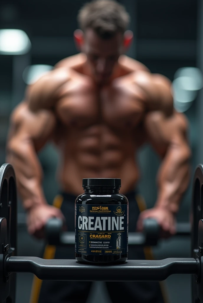small jar of creatine on top of a bodybuilding equipment with a strong man behind with blurred image