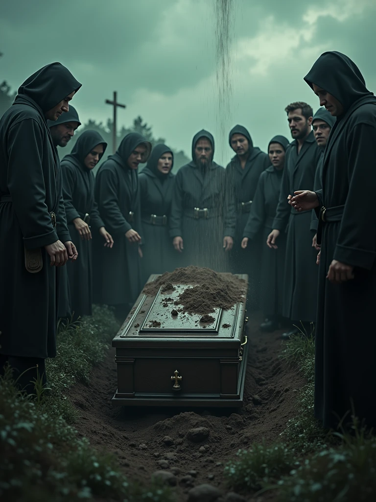 {
"prompt": "A realistic image of a funeral scene where a person is being buried. The coffin is in an open grave, with mourners surrounding it, some crying, others looking shocked as the person inside the coffin begins to rise. Dirt is being thrown onto the coffin by several people, capturing the moment of disbelief and fear as the person unexpectedly starts to emerge from the grave. The atmosphere is dark and eerie, with dim lighting, overcast skies, and the overall mood is tense and unsett