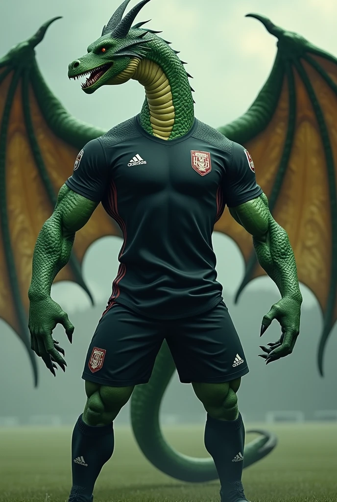 Green dragon with muscular human body wearing black shirt and black soccer uniform