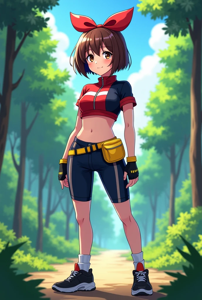 realistic photo of a young female character standing confidently in a lush forest setting. She is wearing a red and black short-sleeved top with a zipper, which exposes her midriff by ending just above the waistline. Her dark blue, form-fitting shorts with a white horizontal stripe near the bottom reach mid-thigh. She has a yellow waist pouch secured with a black belt, black fingerless gloves with red trim, and sporty black shoes with yellow highlights, paired with white ankle socks. Her brown, shoulder-length bob haircut is complemented by a large red bow or headband with a white semicircle design on top. The background is filled with tall green trees and a bright blue sky, creating a vibrant outdoor atmosphere.