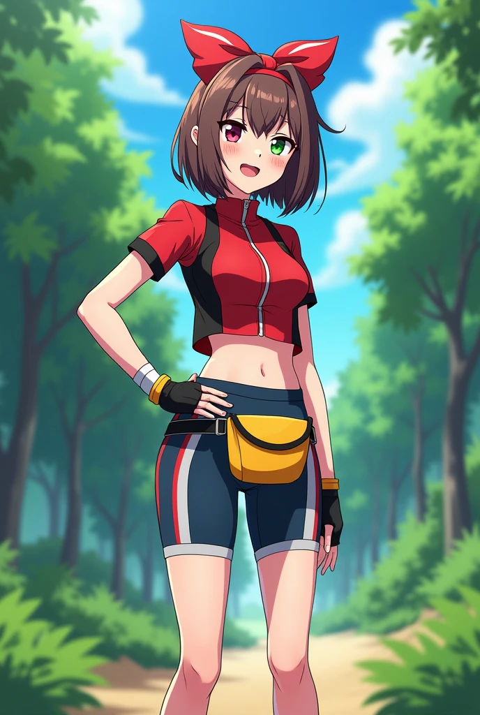 realistic photo of a young female character standing confidently in a lush forest setting. She is wearing a red and black short-sleeved top with a zipper, which exposes her midriff by ending just above the waistline. Her dark blue, form-fitting shorts with a white horizontal stripe near the bottom reach mid-thigh. She has a yellow waist pouch secured with a black belt, black fingerless gloves with red trim, and sporty black shoes with yellow highlights, paired with white ankle socks. Her brown, shoulder-length bob haircut is complemented by a large red bow or headband with a white semicircle design on top. The background is filled with tall green trees and a bright blue sky, creating a vibrant outdoor atmosphere.