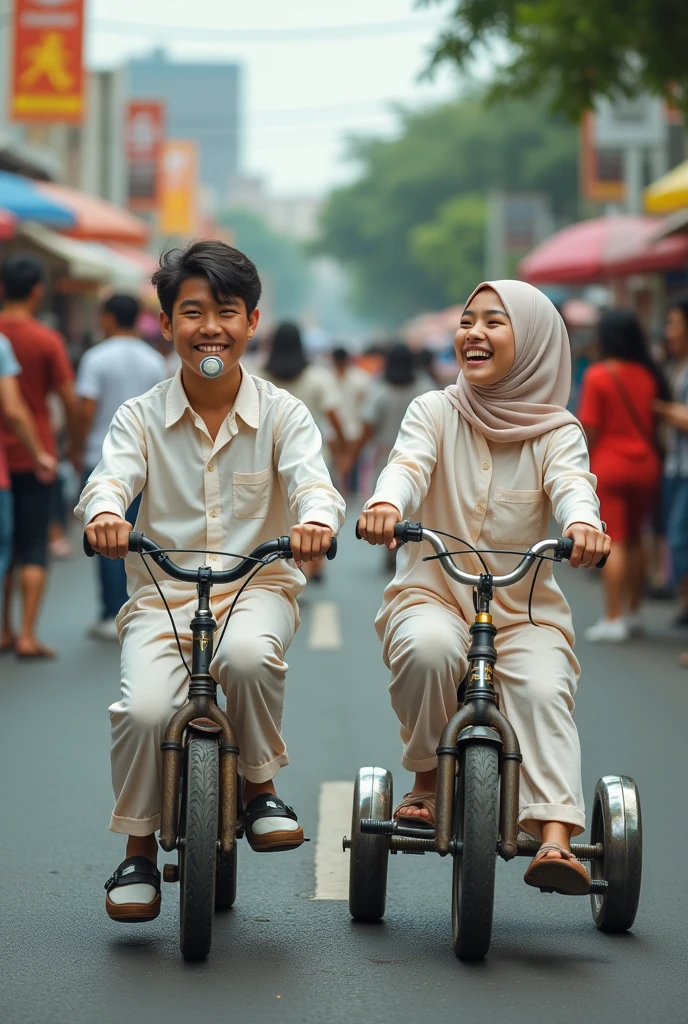 realistic photography. a young man with an Indonesian face. wearing baby clothes complete with a pacifier in his mouth, riding a 3-wheeled baby bicycle with a cute expression. next to him was a young Indonesian woman wearing a hijab wearing full baby clothes, expreai laughing out loud on a tricycle. asphalt like a busy carnival. lots of viewers left and right. Ultra-realistic 8K photos, taken with Leica Q2, strong color contrast and sharp clarity --quality 2 --
