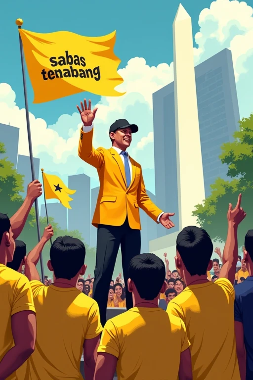 Illustration of the Jakarta Governor's political campaign featuring a dynamic and modern city setting. The scene features a charismatic and confident male candidate wearing a yellow suit and black cap., wearing a professional suit, standing on stage and speaking in front of many supporters wearing yellow t-shirts with black text on them "SABAS TENABANG",The crowd consisted of people of various ages and ethnicities., holding a yellow flag with the words "SABAS TENABANG". see clearly, The candidate's expression showed determination and hope., with the backdrop of Jakarta's iconic landmarks such as the National Monument (monas) and skyscrapers. The overall atmosphere is energetic and inspiring., symbolizes progress and unity."