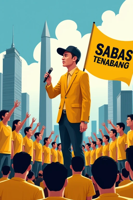 Illustration of the Jakarta Governor&#39;s political campaign featuring a dynamic and modern city setting. The scene features a charismatic and confident male candidate wearing a yellow suit and black cap., wearing a professional suit, standing on stage and speaking in front of many supporters wearing yellow t-shirts with black text on them "SABAS TENABANG",The crowd consisted of people of various ages and ethnicities., holding a yellow flag with the words "SABAS TENABANG". see clearly, The candidate&#39;s expression showed determination and hope., with the backdrop of Jakarta&#39;s iconic landmarks such as the National Monument (monas) and skyscrapers. The overall atmosphere is energetic and inspiring., symbolizes progress and unity."