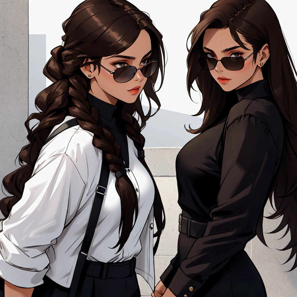 Young woman with dark brown hair, to wear black sunglasses