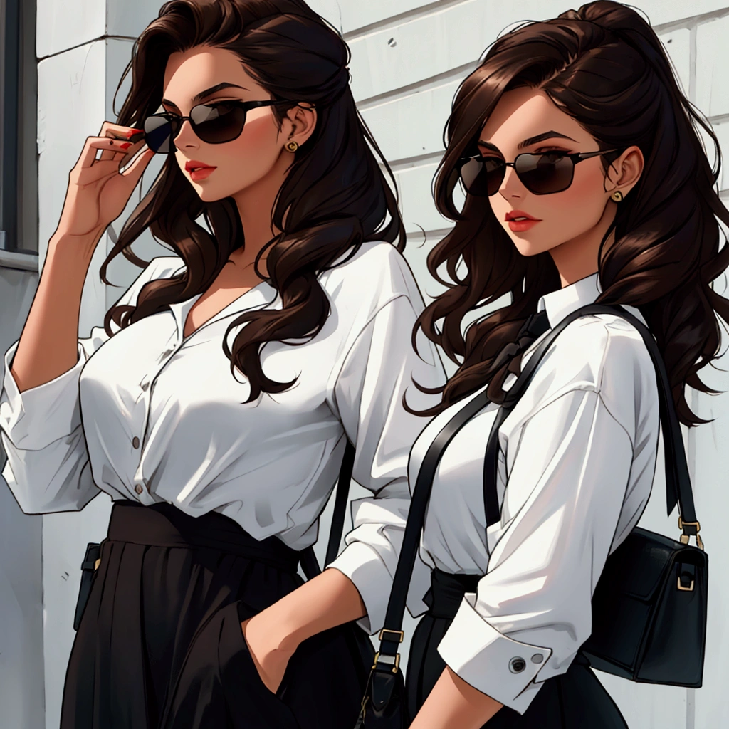 Young woman with dark brown hair, to wear black sunglasses