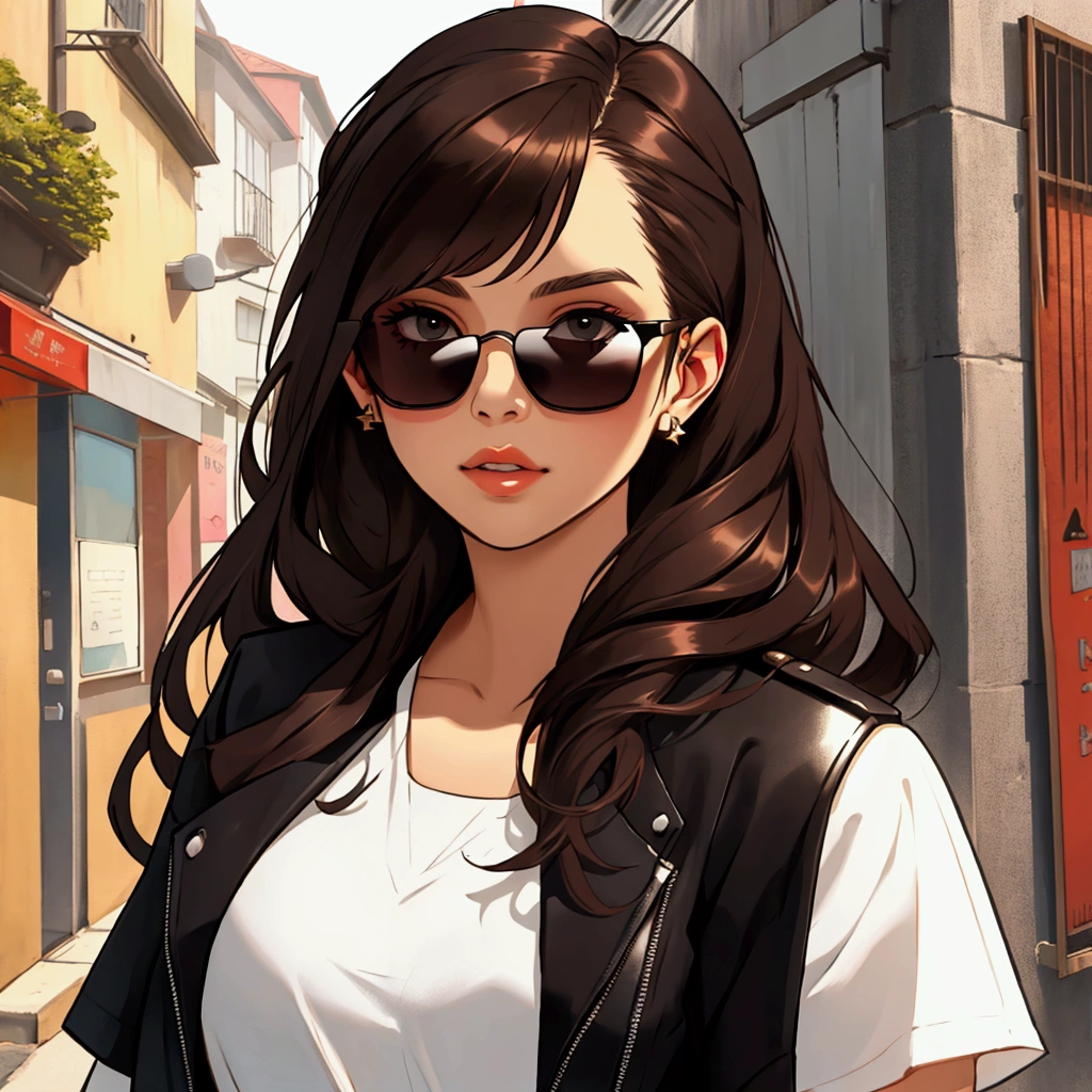 Young woman with dark brown hair, to wear black sunglasses