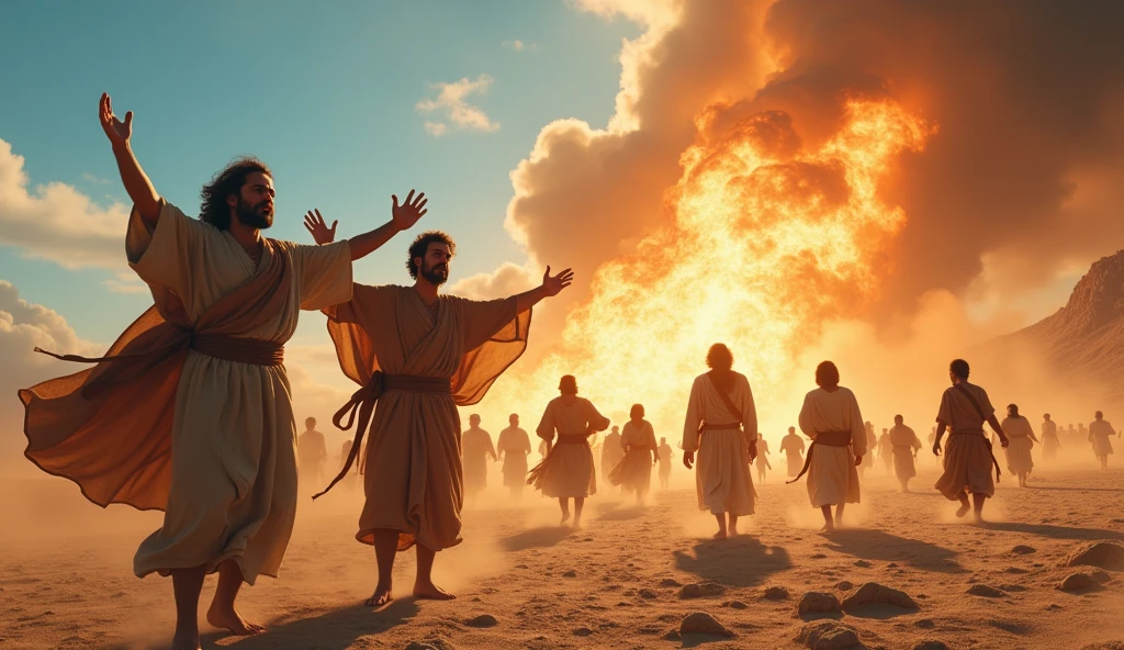 A realistic image in 16:9 depicting the story of the sons of Korah as described in Numbers 16. The scene should capture the dramatic moment after the earth opens up and swallows Korah, Dathan, Abiram, their families, and all their possessions, while the sons of Korah are spared, amidst the dust and chaos. In the background, a vast, arid desert under a blue sky, with clouds of smoke. In the foreground, three young men with expressions of fear mixed with relief, dressed in biblical-era attire, watching the scene with their arms raised in supplication. Around them, other Israelites with panicked expressions, fleeing the scene, while the heavenly fire is still visible in the distance, diminishing God's justice. The meager stones and sand complete the scene, providing a dramatic and epic atmosphere." This prompt should capture the essence of the story and highlight the importance of the moment when the sons of Korah are spared by God, in a setting that conveys the intensity of God's justice and mercy.