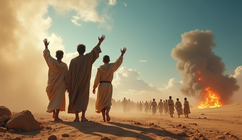 A realistic image in 16:9 depicting the story of the sons of Korah as described in Numbers 16. The scene should capture the dramatic moment after the earth opens up and swallows Korah, Dathan, Abiram, their families, and all their possessions, while the sons of Korah are spared, amidst the dust and chaos. In the background, a vast, arid desert under a blue sky, with clouds of smoke. In the foreground, three young men with expressions of fear mixed with relief, dressed in biblical-era attire, watching the scene with their arms raised in supplication. Around them, other Israelites with panicked expressions, fleeing the scene, while the heavenly fire is still visible in the distance, diminishing God's justice. The meager stones and sand complete the scene, providing a dramatic and epic atmosphere." This prompt should capture the essence of the story and highlight the importance of the moment when the sons of Korah are spared by God, in a setting that conveys the intensity of God's justice and mercy.
